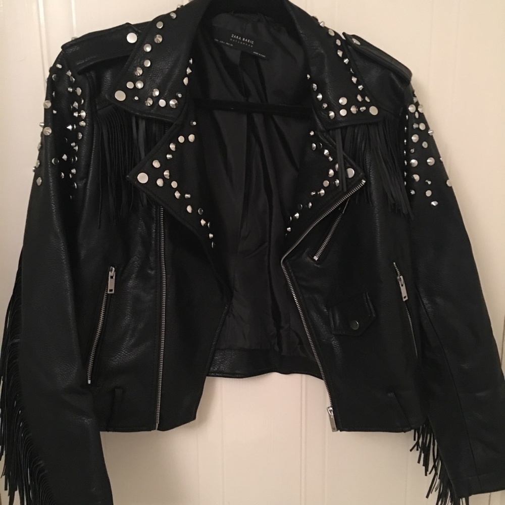Zara Black Studded Fringe Leather Moto Jacket